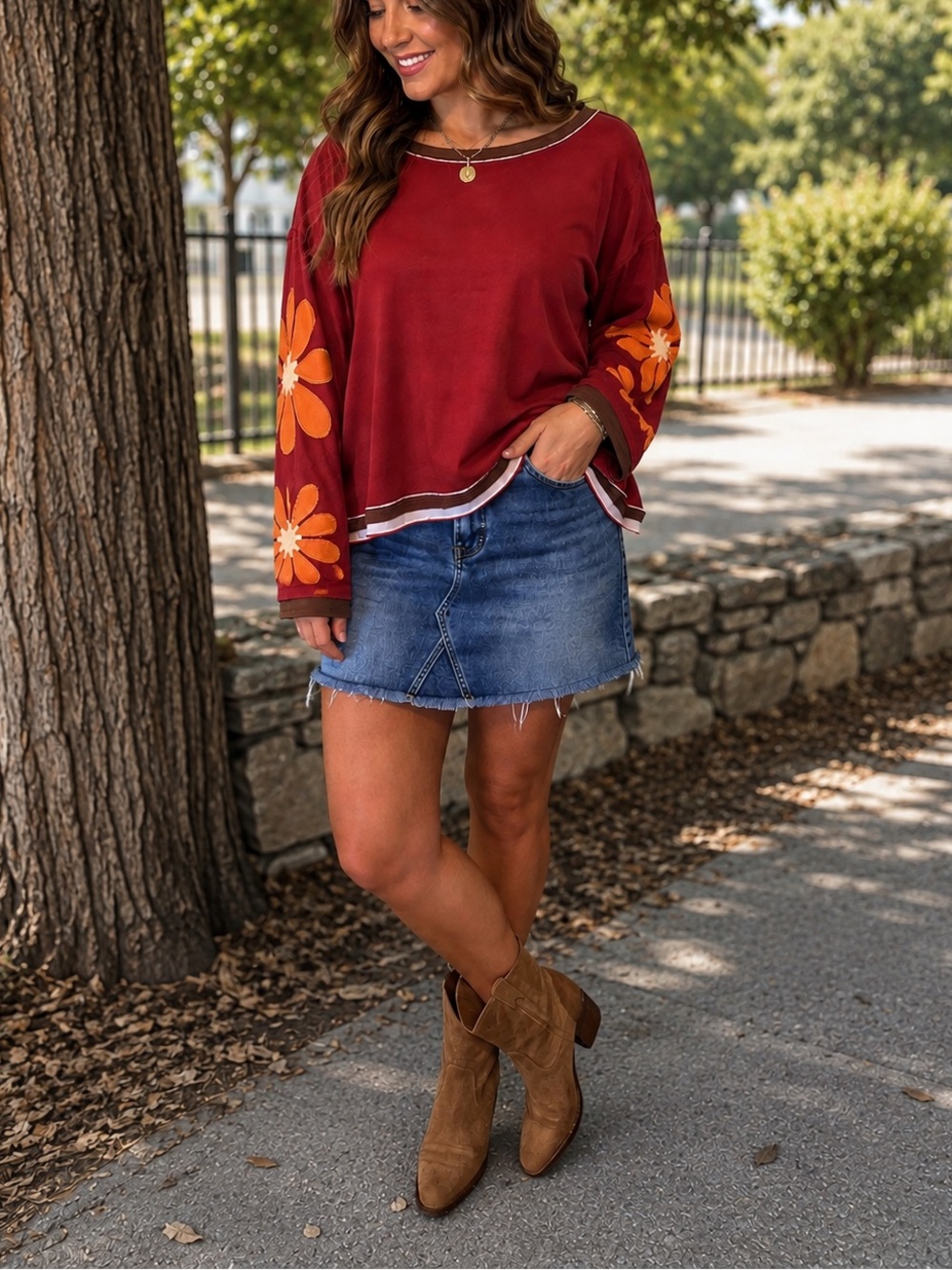 LovLov Boho Top with Orange Floral Sleeve Accents-Red- Size XL- NWT